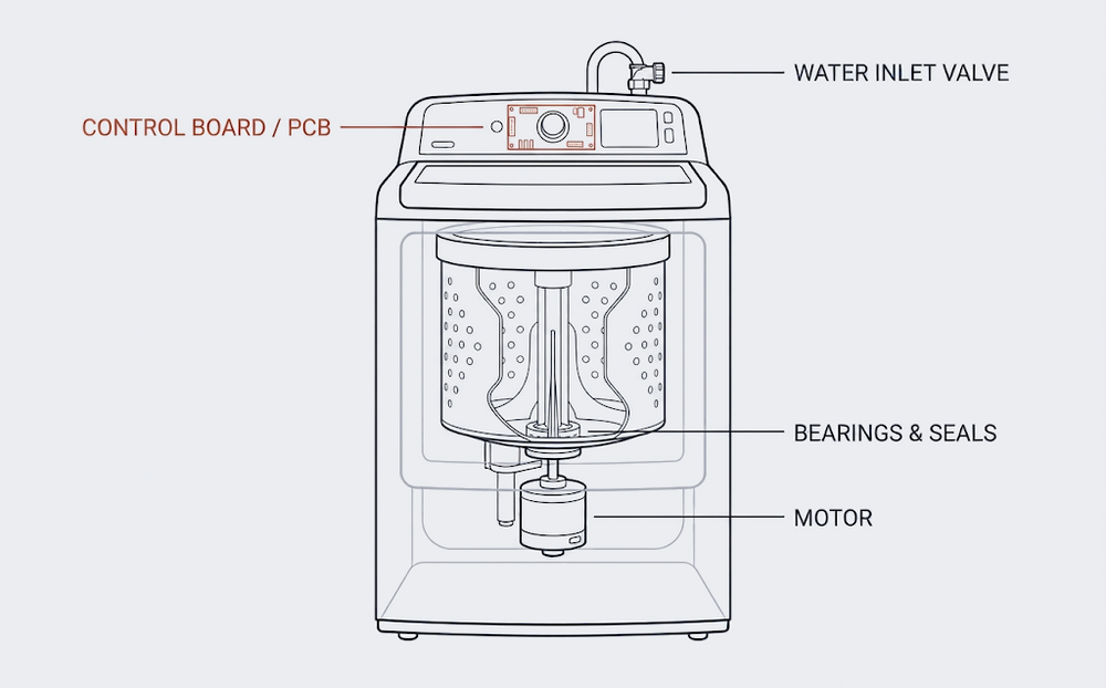 Cutaway of the washing machine with the control board, motor, bearings and water inlet valve labelled