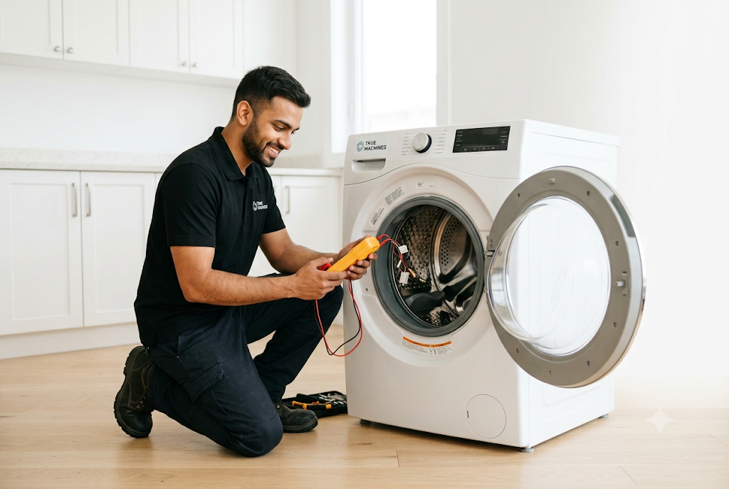 A True Machines technician servicing a washing machine at home